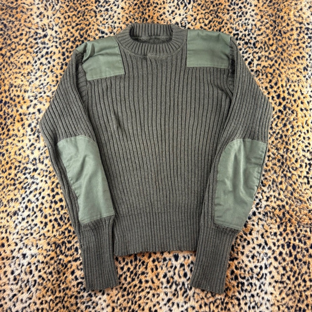 Mens Military Ribbed Commando Sweater Olive Drab Green Size M Patches